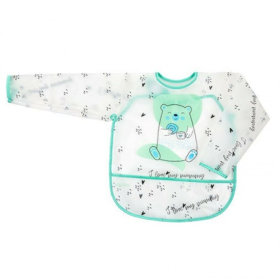 Akuku Αδιάβροχη Ποδιά Πλαστική με Αυτοκόλλητο  Πρασινη"Αρκουδάκι" με Μανίκια A0518