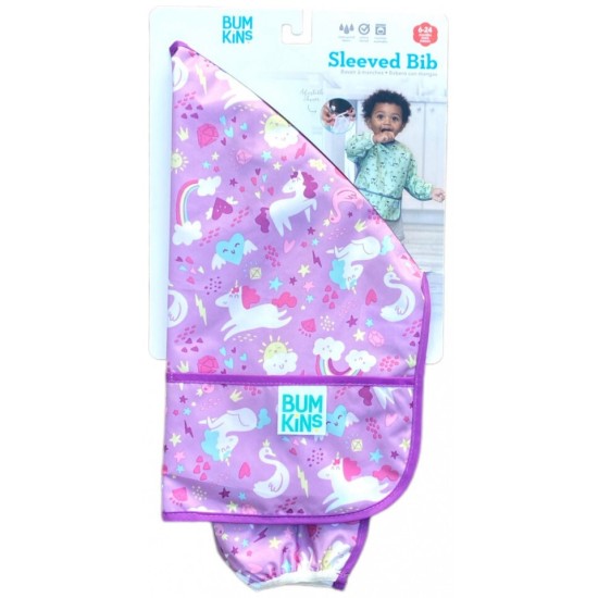 Bumkins Αδιάβροχη Ποδιά Πλαστική με Κορδόνι Sleeved Bib Unicorns με Τσέπη & Μανίκια για 6-24m+ 331436
