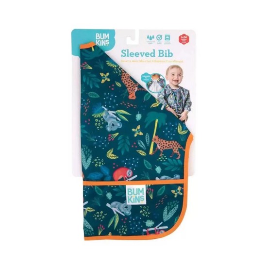 Bumkins Αδιάβροχη Ποδιά Πλαστική με Κορδόνι Sleeved Bib με Τσέπη & Μανίκια Jungle για 6-24m+ 331428