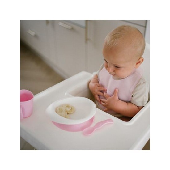 BabyOno Σαλιάρα σιλικόνης με θήκη περισυλλογής τροφίμων 6m+ Pink BN1598/02