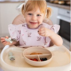 BabyOno Πιάτο σιλικόνης με 3 θέσεις, καπάκι & βάση με βεντούζα - Μπεζ 6+m BN1661/03