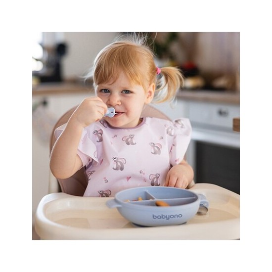 BabyOno Πιάτο σιλικόνης με 3 θέσεις, καπάκι & βάση με βεντούζα - Μπλε 6+m BN1661/01