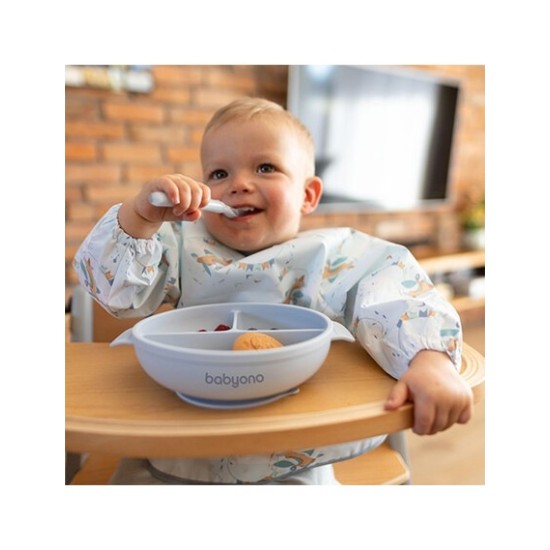 BabyOno Πιάτο σιλικόνης με 3 θέσεις, καπάκι & βάση με βεντούζα - Μπλε 6+m BN1661/01
