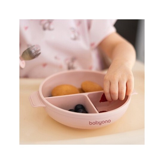 BabyOno Πιάτο σιλικόνης με 3 θέσεις, καπάκι & βάση με βεντούζα - Ροζ 6+m BN1661/02