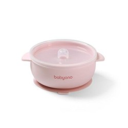 BabyOno Μπολάκι σιλικόνης με λαβές, καπάκι & βάση με βεντούζα - Ροζ 6+m BN1662/02