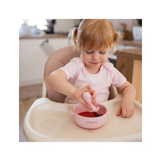 BabyOno Μπολάκι σιλικόνης με λαβές, καπάκι & βάση με βεντούζα - Ροζ 6+m BN1662/02