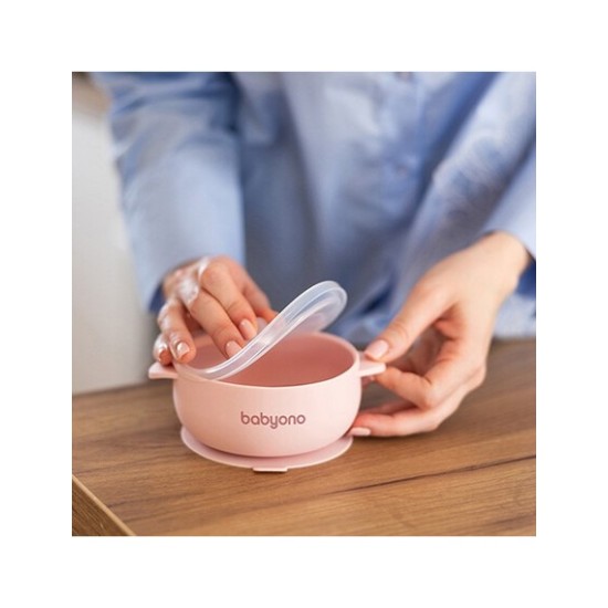 BabyOno Μπολάκι σιλικόνης με λαβές, καπάκι & βάση με βεντούζα - Ροζ 6+m BN1662/02