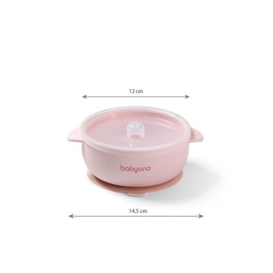 BabyOno Μπολάκι σιλικόνης με λαβές, καπάκι & βάση με βεντούζα - Ροζ 6+m BN1662/02