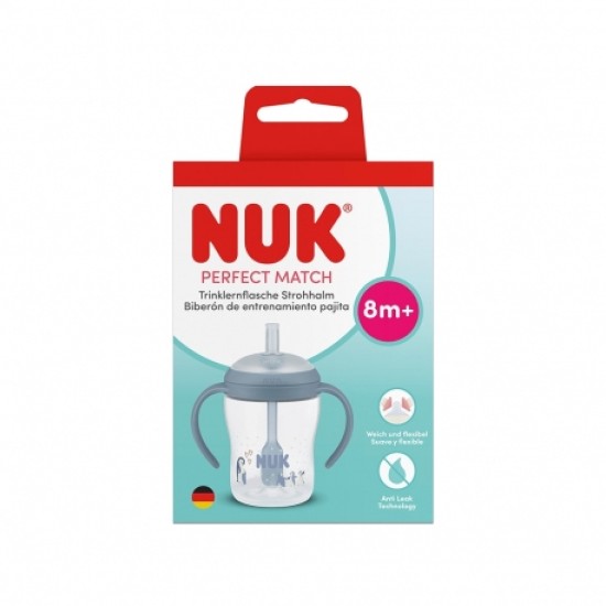 NUK Perfect Match Εκπαιδευτικό Ποτήρι με Καλαμάκι Σιλικόνης 8m+ 150ml Blue Penguin 10215401