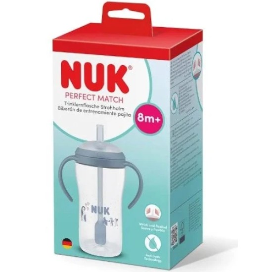 NUK Perfect Match Εκπαιδευτικό Ποτήρι με Καλαμάκι Σιλικόνης 8m+, 260ml Blue Penguin 10216318