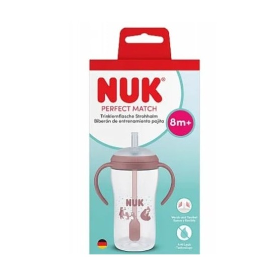 NUK Perfect Match Εκπαιδευτικό Ποτήρι με Καλαμάκι Σιλικόνης 8m+, 260ml Pink Bear 10216319
