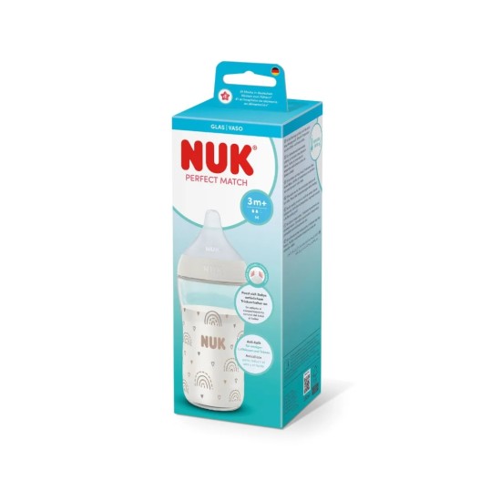NUK Perfect Match Μπιμπερό Γυάλινο με Θηλή Σιλικόνης 3m+ 230ml rainbow Λευκό 10212056